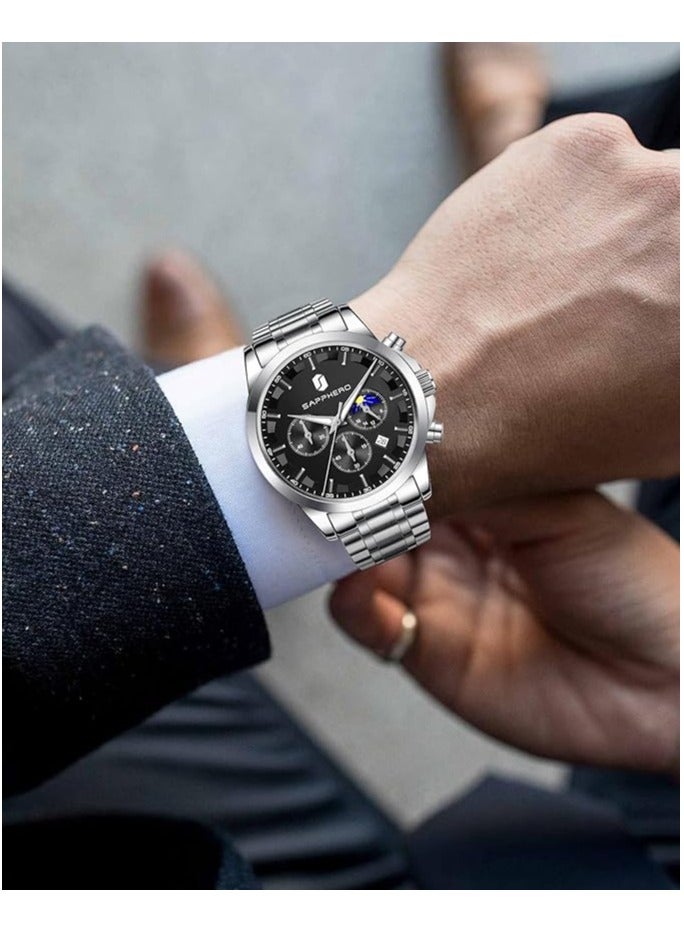 Sapphero Mens Watches Multifunction Chronograph Date Quartz Watch for Men Stainless Steel Band Wrist Watch Gift for Men Casual Business - Image 3